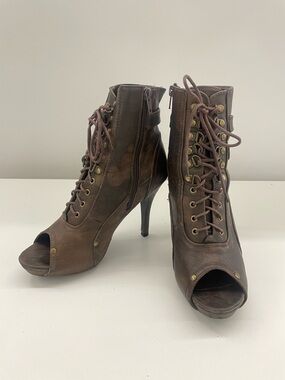 Charlotte Russe Brown Lace-Up Peep Toe Stiletto Ankle Boots